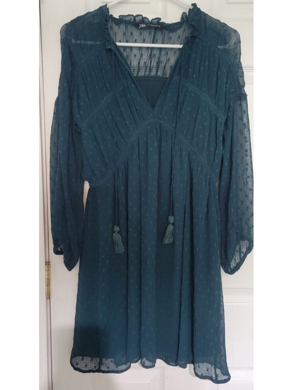 Women’s ZARA Flowy Sheer Dress Dark Teal Long Sleeve Sexy Boho Dress Peasant